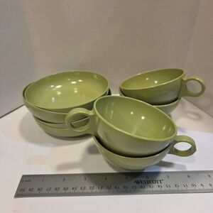 Vtg Prolon Melmac #7403 Olive Avocado Green Melamine Coffee Tea Cups Bowls Set 8